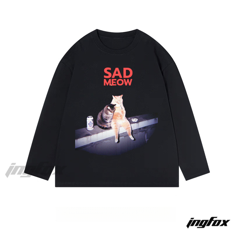 Sad Meow Cat Graphic - Classic Cotton Long Sleeve Tee