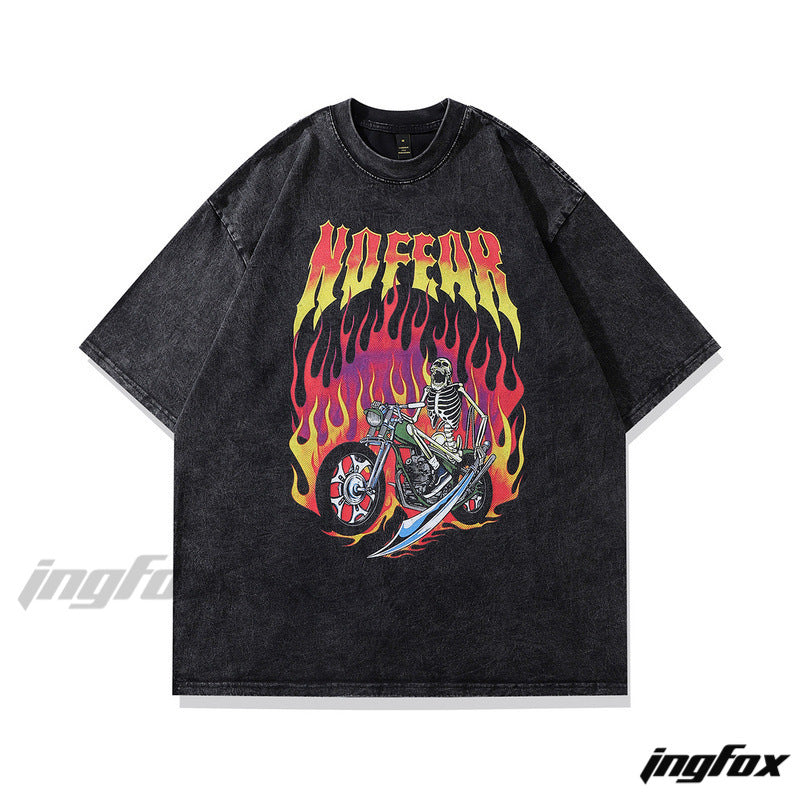Flaming Skeleton Rider - Vintage Washed Oversized T-Shirt