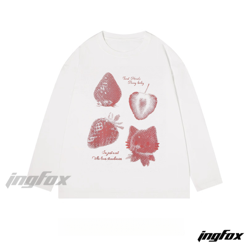 Strawberry and Cat Graphic - Classic Cotton Long Sleeve Tee