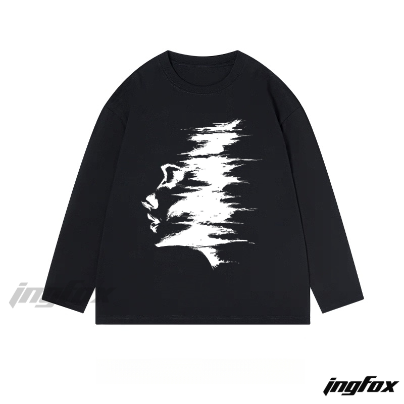 Abstract Distressed Portrait Graphic - Classic Cotton Long Sleeve Tee