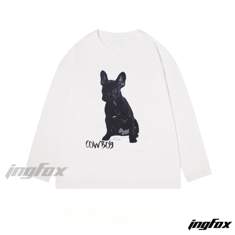 French Bulldog Portrait with "Cowboy" Text - Classic Cotton Long Sleeve Tee