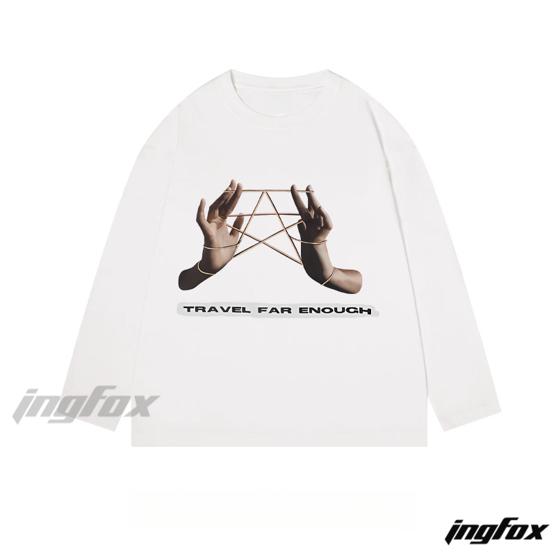 "Travel Far Enough" Hands Graphic - Classic Cotton Long Sleeve Tee