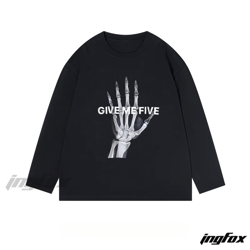 "Give Me Five" Skeleton Hand Graphic - Classic Cotton Long Sleeve Tee
