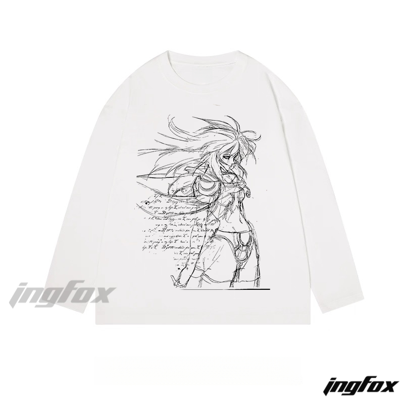 Anime - Style Sketch Figure Graphic - Classic Cotton Long Sleeve Tee