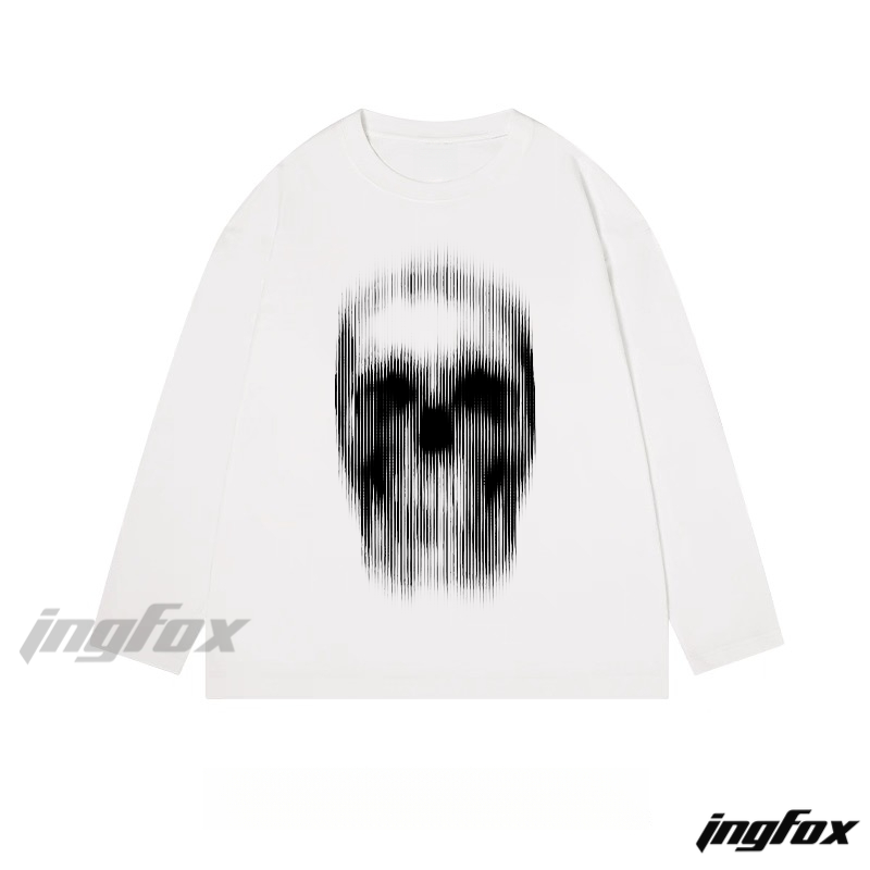 Glitch - Style Skull Graphic - Classic Cotton Long Sleeve Tee