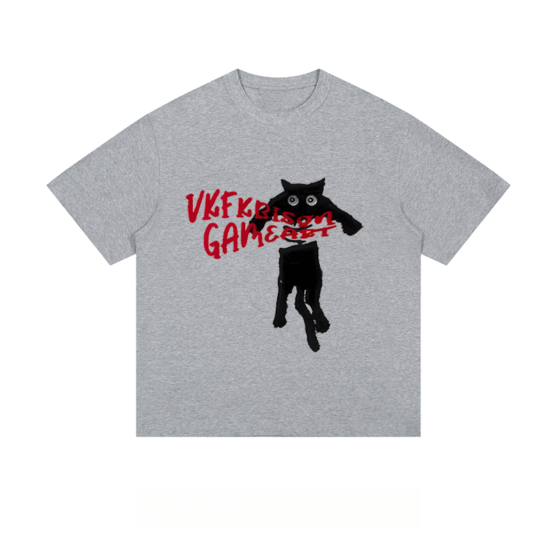 Playful Black Cat & “VKFkRISOI GAMERAT” - Loose Fit Short Sleeve T-Shirt