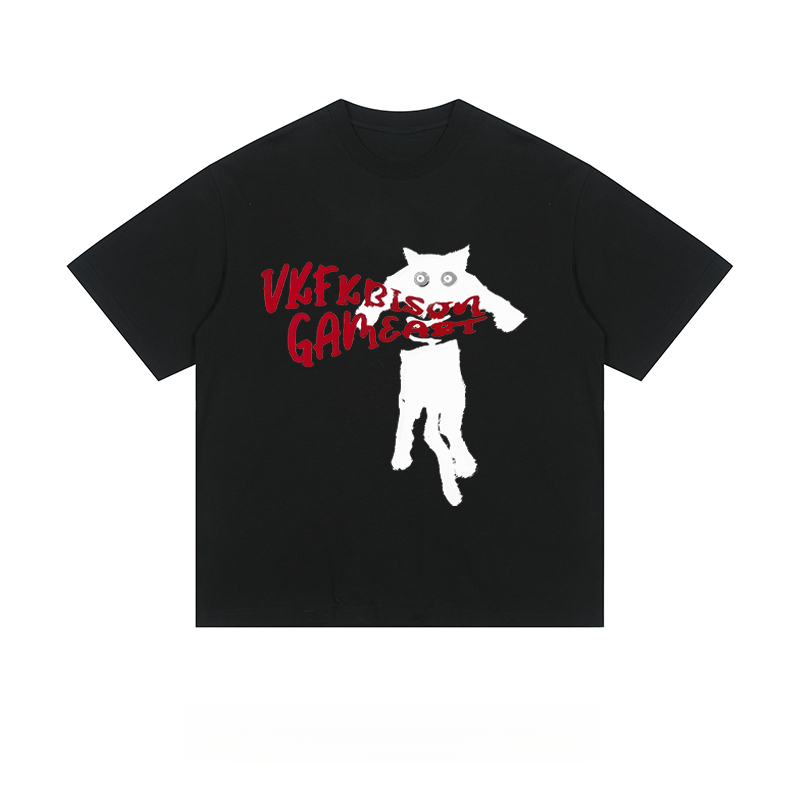 Playful Black Cat & “VKFkRISOI GAMERAT” - Loose Fit Short Sleeve T-Shirt