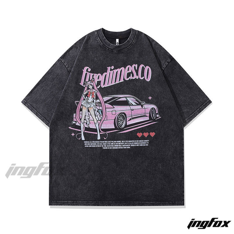 Anime Girl & Pink Car - Vintage Washed Oversized T - Shirt