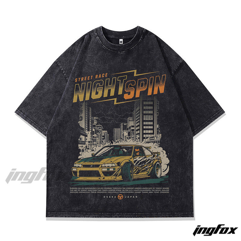 Street Race Nightspin Racing Car - Vintage Washed Oversized T-Shirt