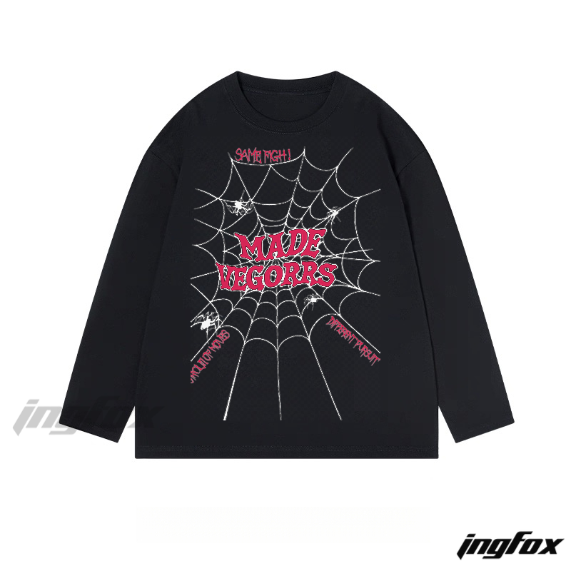 "MADE VEGORRS" Spider Web Graphic - Classic Cotton Long Sleeve Tee