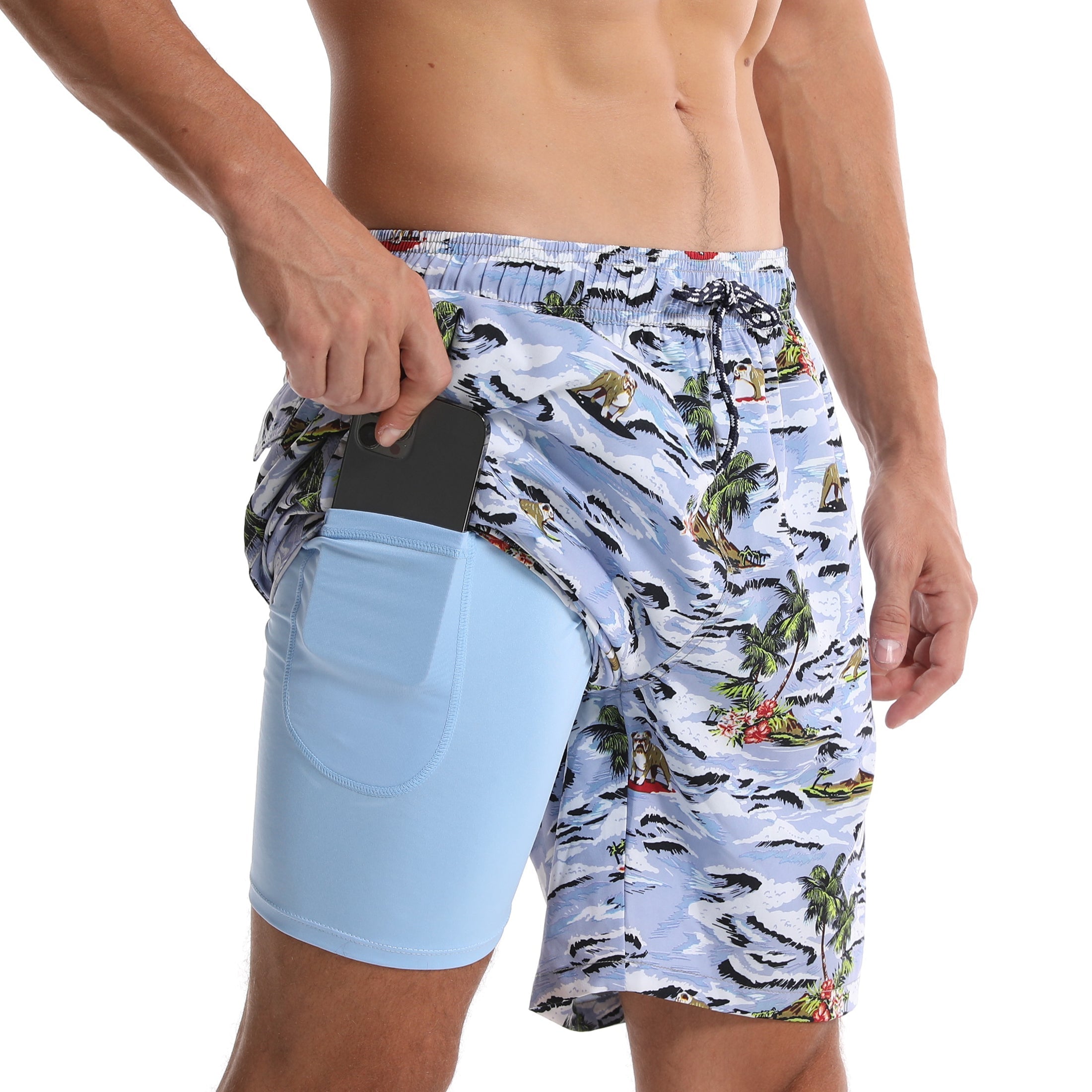 Men's Tropical Leaves And Striped Quick Dry Beach Shorts Swimming Trunks