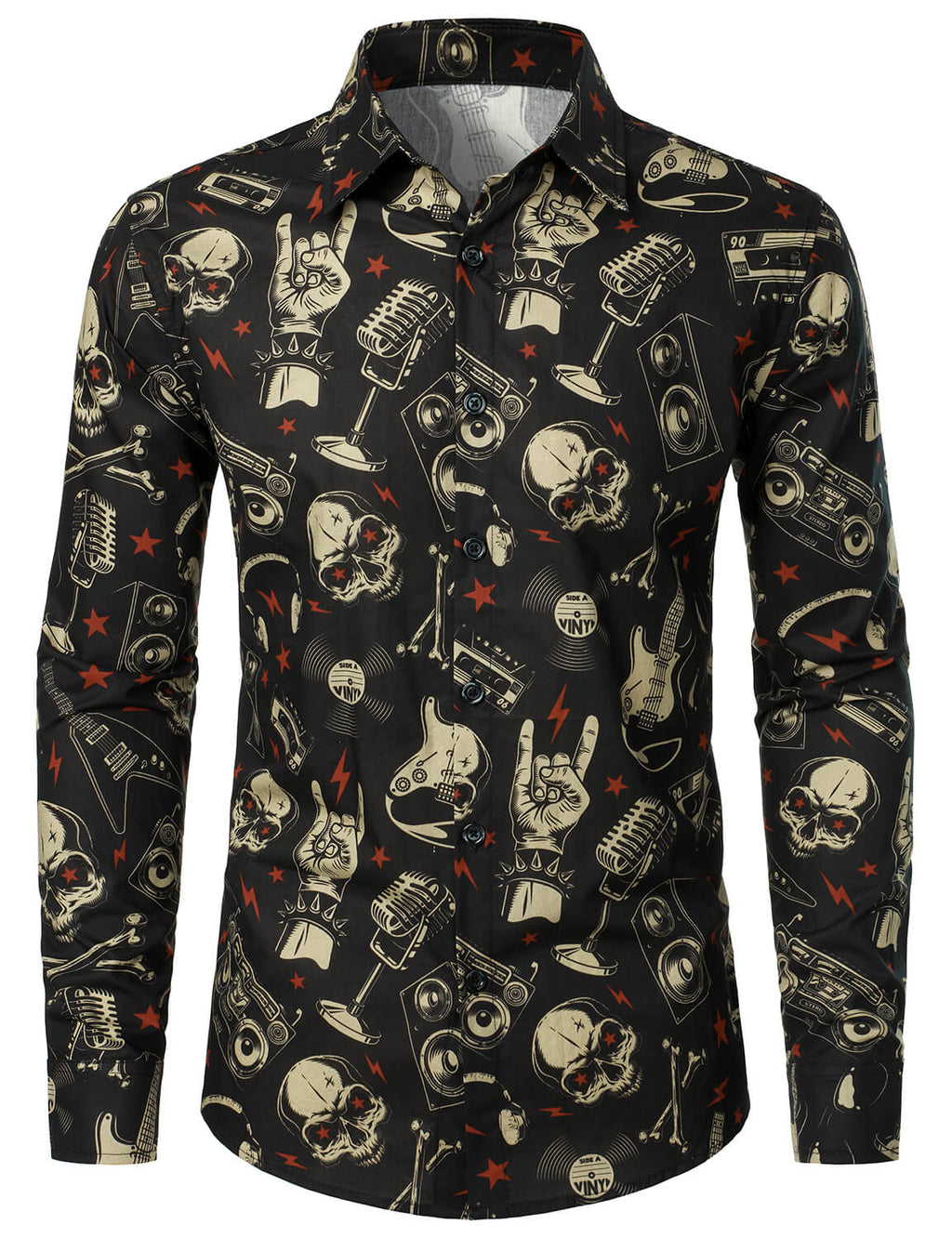 Men's Skull Music Punk Rock and Roll Cool Funny Long Sleeve Shirt