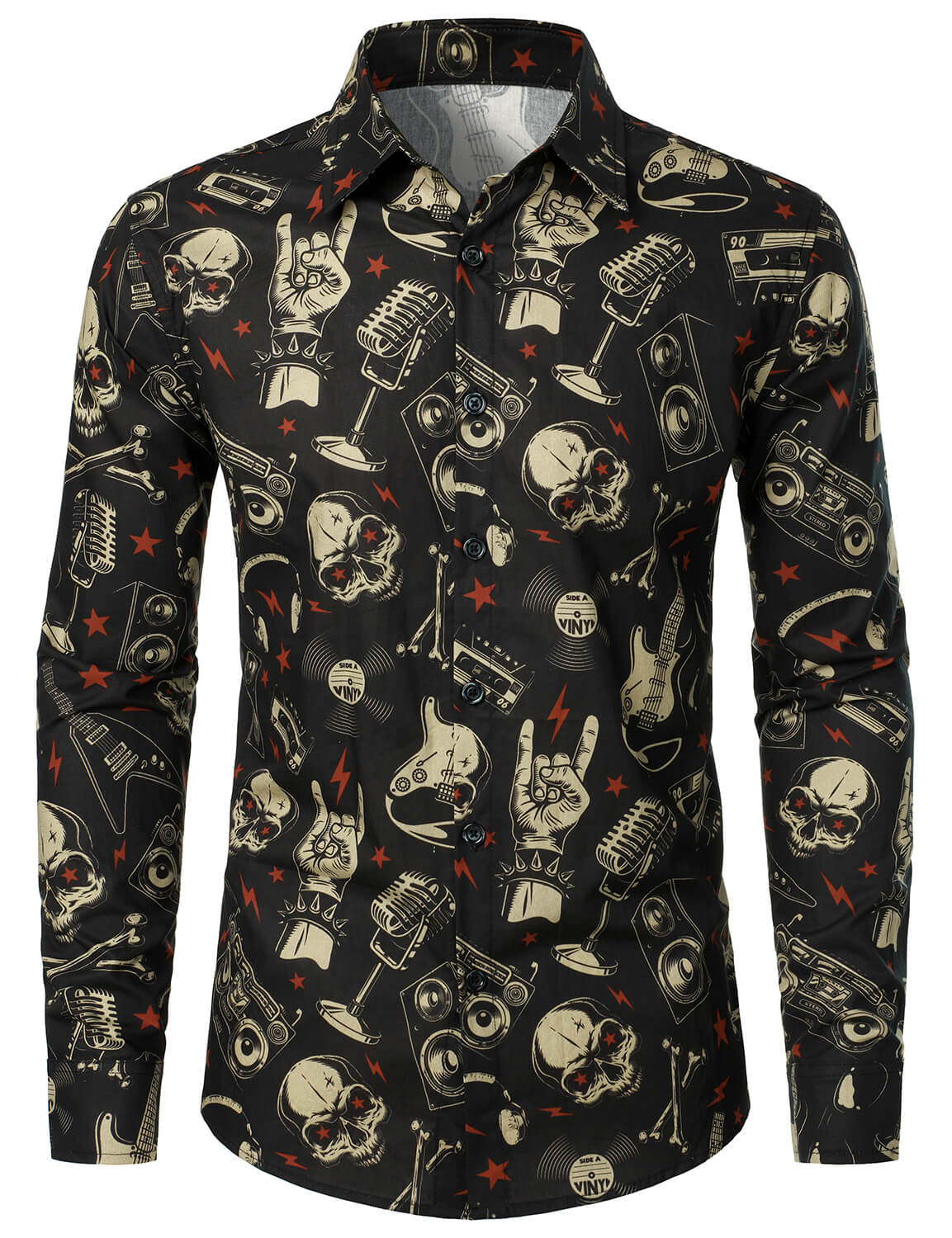 Men's Skull Music Punk Rock and Roll Cool Funny Long Sleeve Shirt