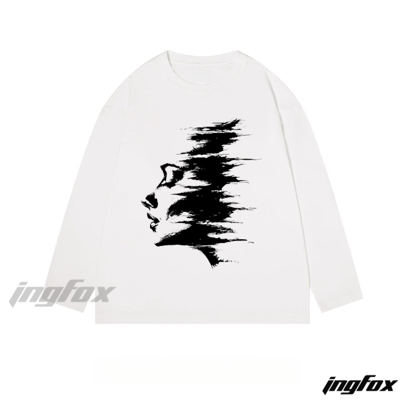 Abstract Distressed Portrait Graphic - Classic Cotton Long Sleeve Tee