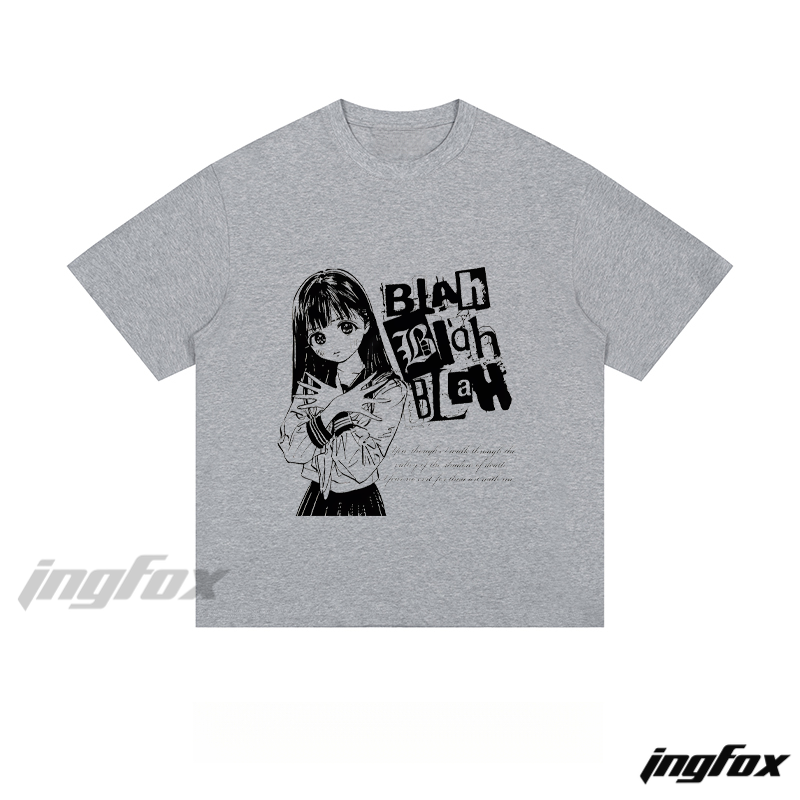 Anime - Style Girl & “Blah Blah Blah” - Loose Fit Short Sleeve T-Shirt