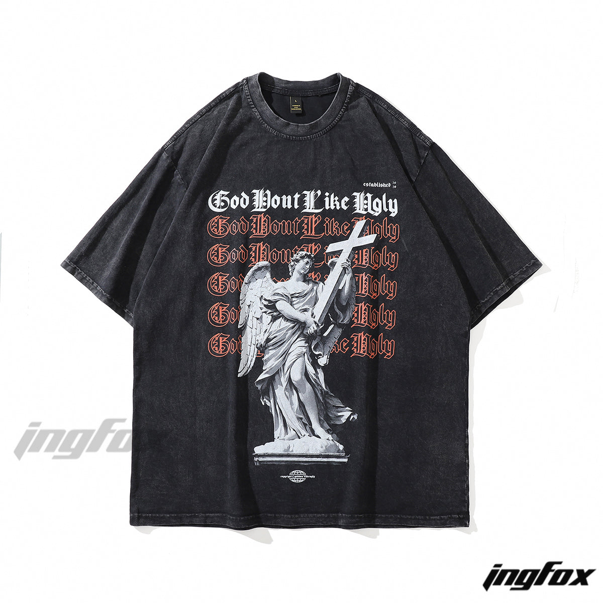 Gothic Angel Graphic Vintage Washed Oversized T-Shirt