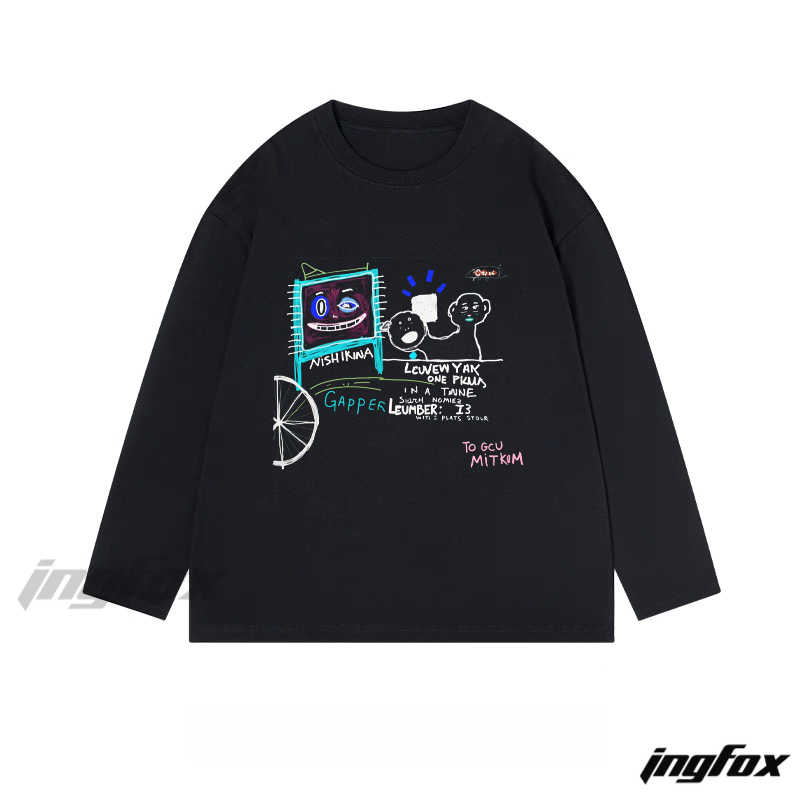 Whimsical Cartoon Collage Graphic - Classic Cotton Long Sleeve Tee