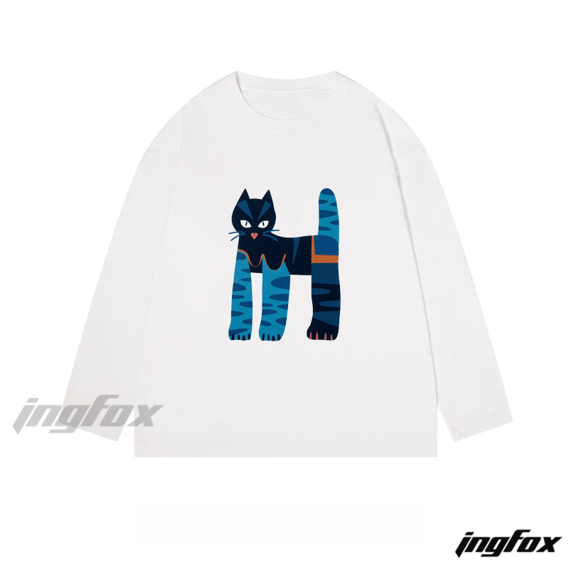 Stylized Cat Graphic - Classic Cotton Long Sleeve Tee