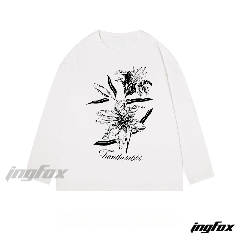 "Turn the tables" Floral Graphic - Classic Cotton Long Sleeve Tee