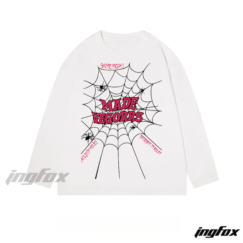 "MADE VEGORRS" Spider Web Graphic - Classic Cotton Long Sleeve Tee