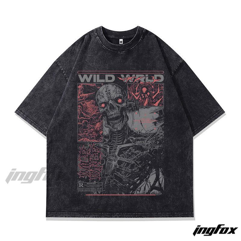 Wild World Cyber Skull - Vintage Washed Oversized T-Shirt