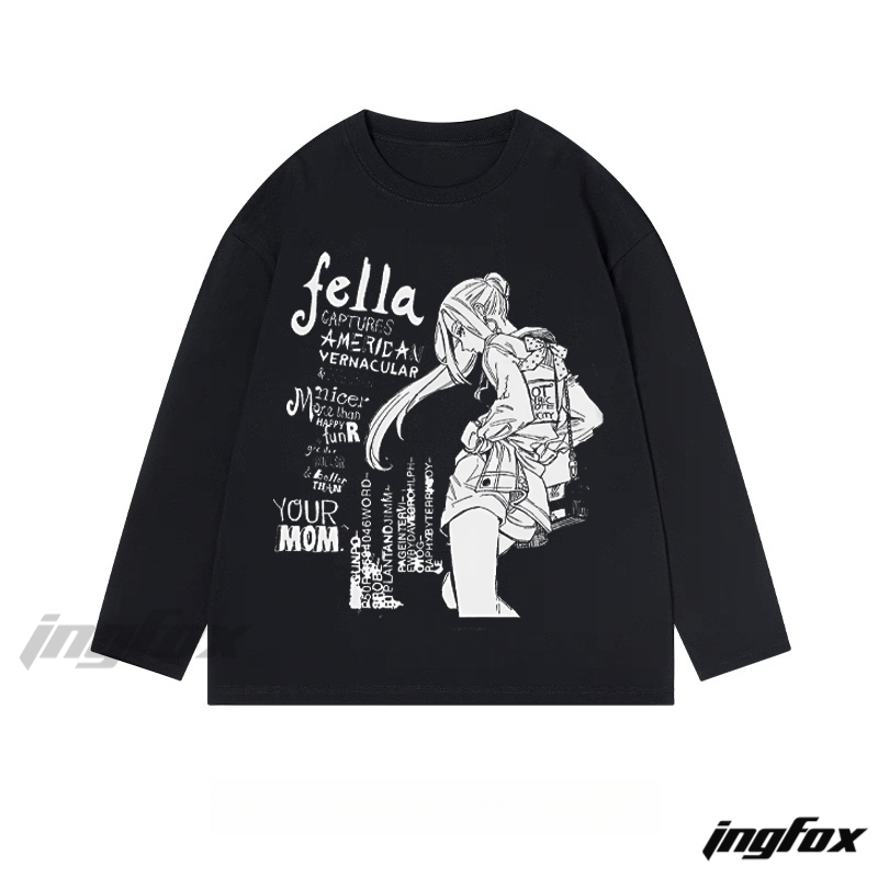 Anime - Style Figure and Text Collage Graphic - Classic Cotton Long Sleeve Tee