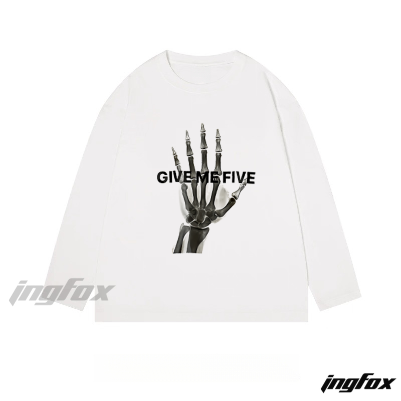 "Give Me Five" Skeleton Hand Graphic - Classic Cotton Long Sleeve Tee