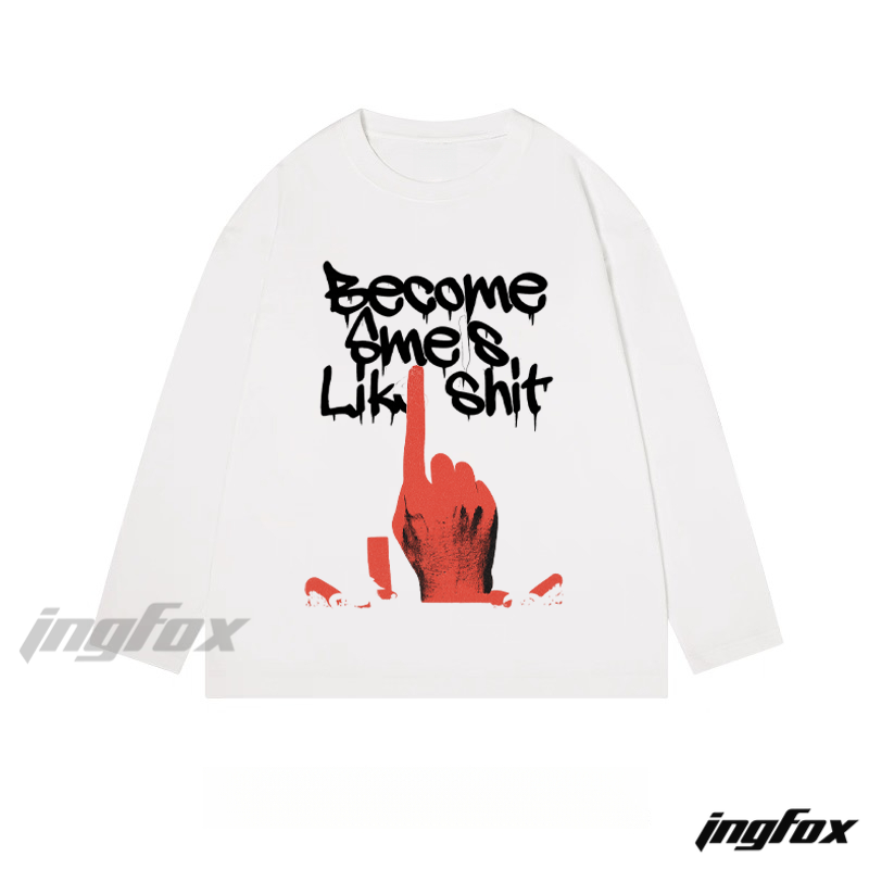 Edgy Hand Gesture and Text Graphic - Classic Cotton Long Sleeve Tee