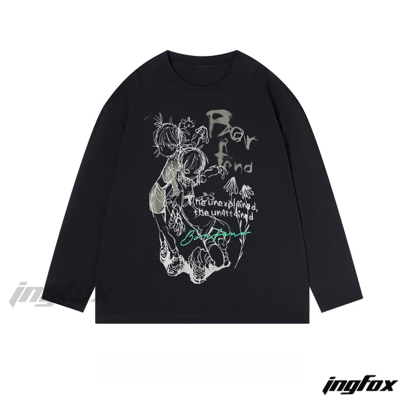 Anime - Style Figure & Text - Classic Cotton Long Sleeve Tee