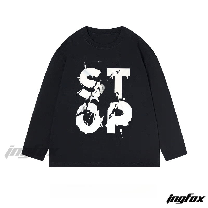 "STOP" Distressed Text Graphic - Classic Cotton Long Sleeve Tee