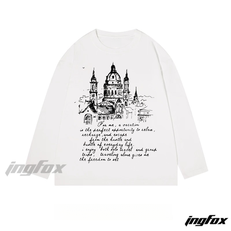 Architectural Sketch with Travel Text - Classic Cotton Long Sleeve Tee