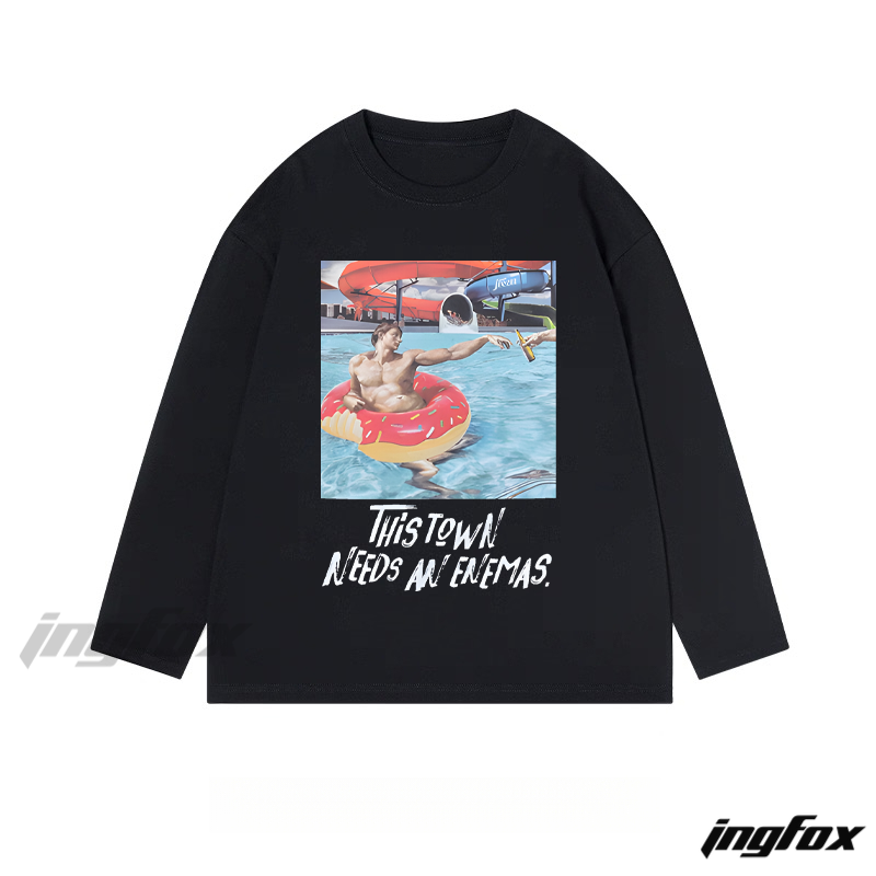 Pool Scene with Text "This Town Needs An Enemas" - Classic Cotton Long Sleeve Tee