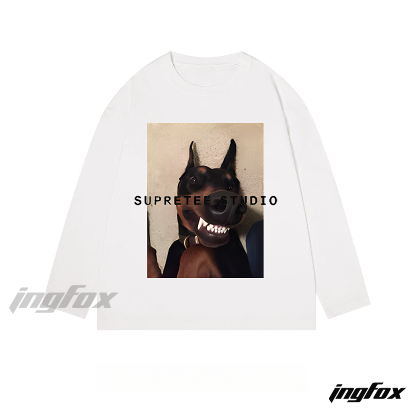 Doberman Portrait with "SUPRETEE STUDIO" Text - Classic Cotton Long Sleeve Tee