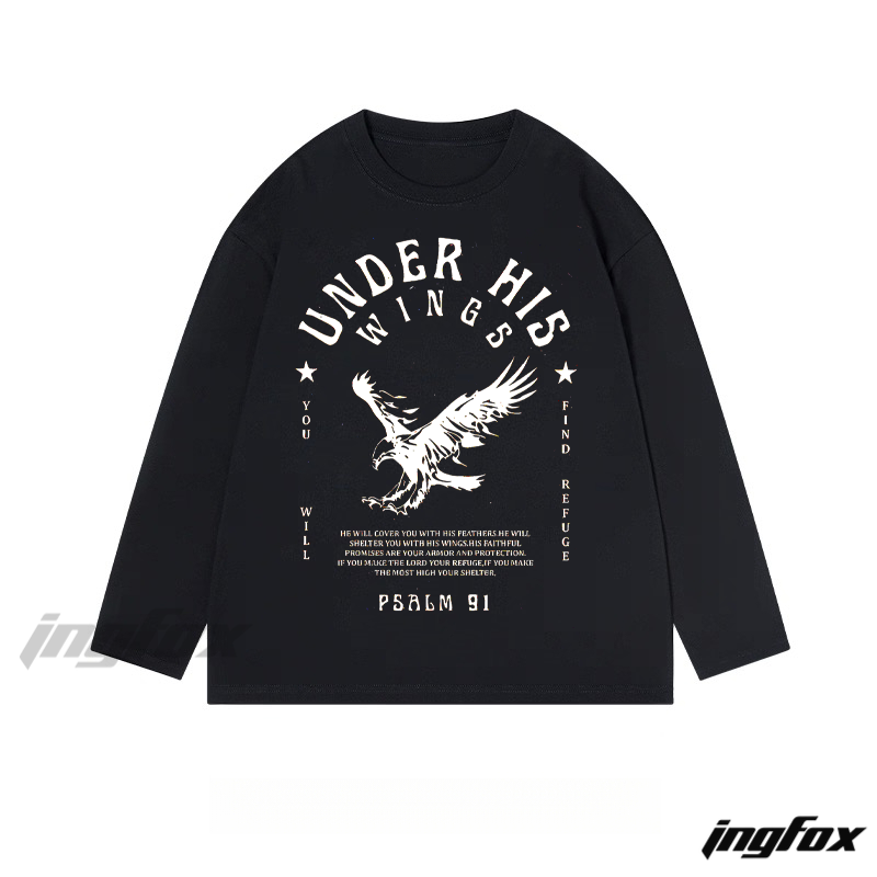 "Under His Wings" Psalm 91 Biblical Text with Eagle Graphic - Classic Cotton Long Sleeve Tee