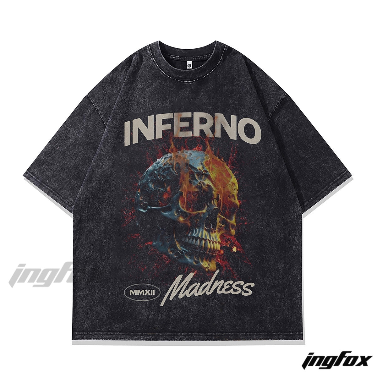 "INFERNO Madness" Flame Skull Graphic Tee - Vintage Washed Oversized Style