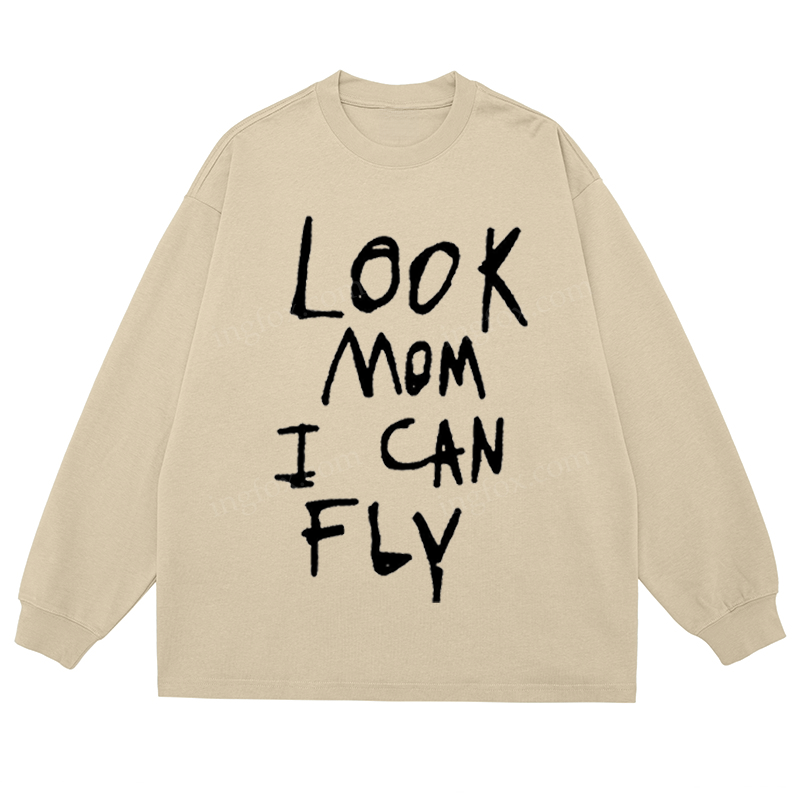 "Look Mom I Can Fly" Slogan - Classic Unisex Fit Cotton Long Sleeve Tee