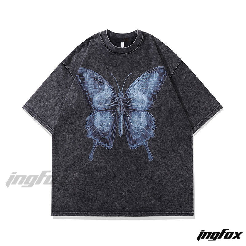 Blue Butterfly Graphic - Vintage Washed Oversized T - Shirt