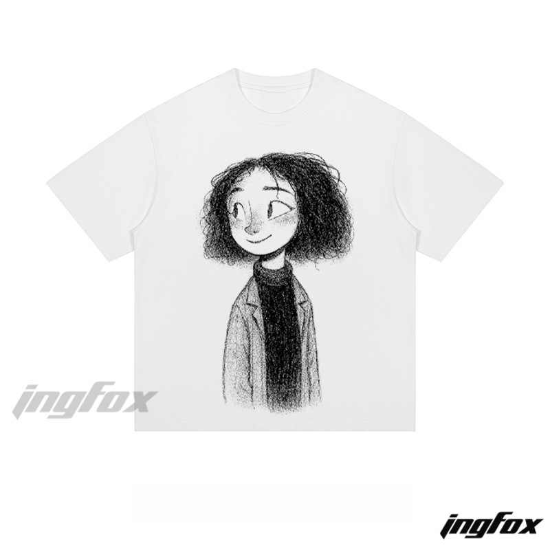 Curly - Haired Girl Sketch - Loose Fit Short Sleeve T - Shirt