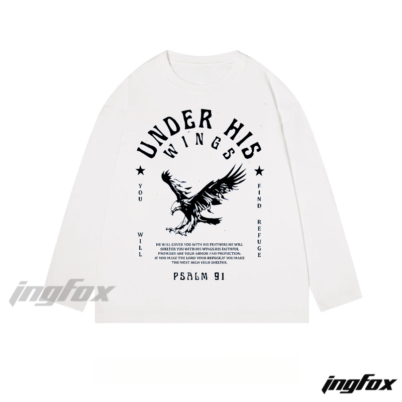 "Under His Wings" Psalm 91 Biblical Text with Eagle Graphic - Classic Cotton Long Sleeve Tee