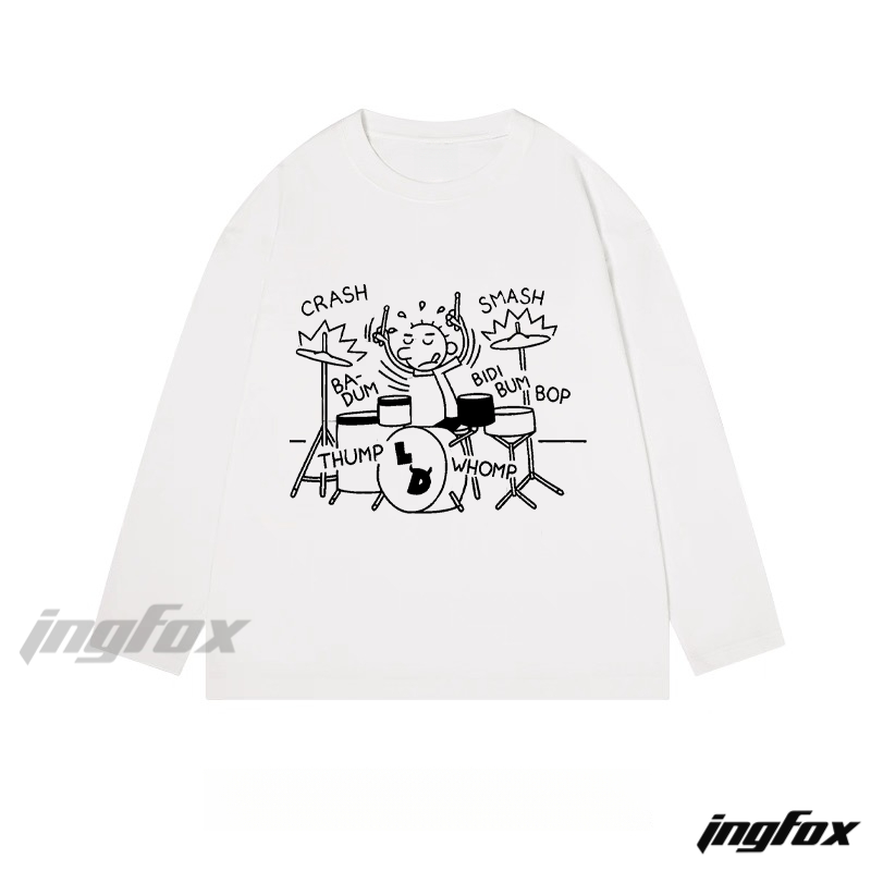 Drummer Cartoon and Sound Effect Graphic - Classic Cotton Long Sleeve Tee