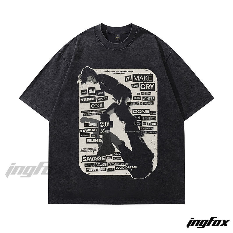 Typography & Figure Graphic - Vintage Washed Oversized T - Shirt