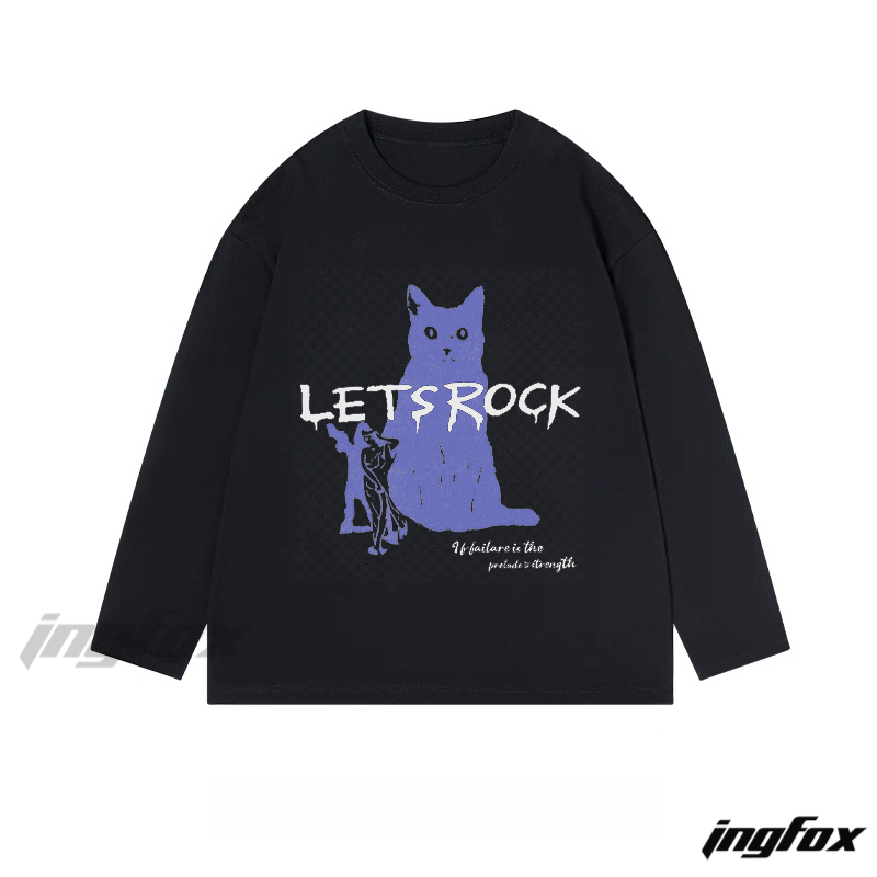 "LET'S ROCK" Cat and Text Graphic - Classic Cotton Long Sleeve Tee