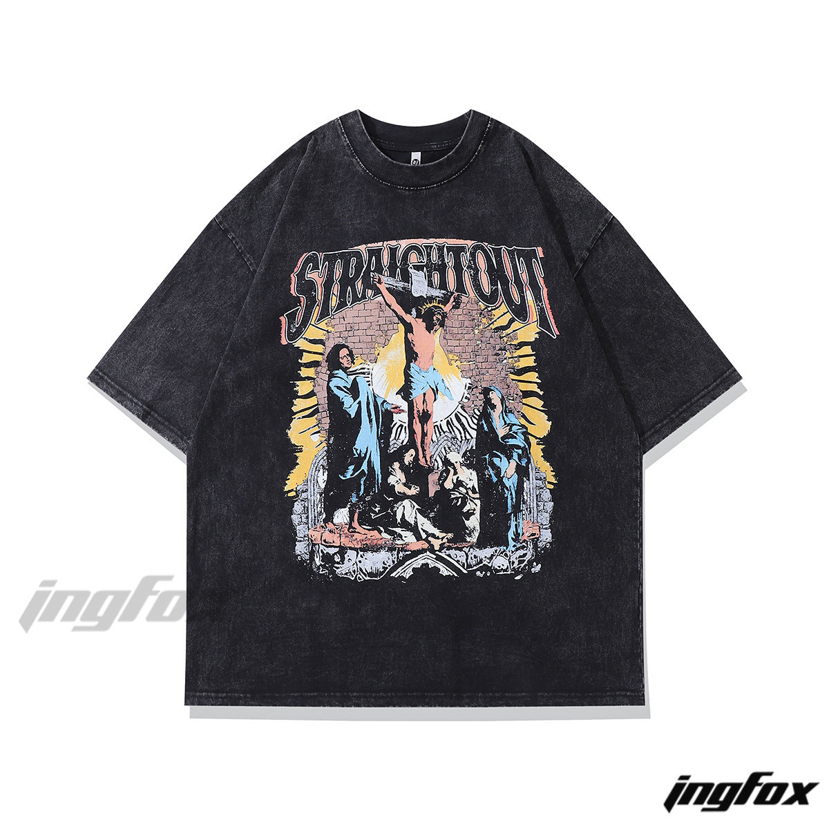 STRAIGHTOUT" Cross Graphic - Vintage Washed Oversized T - Shirt