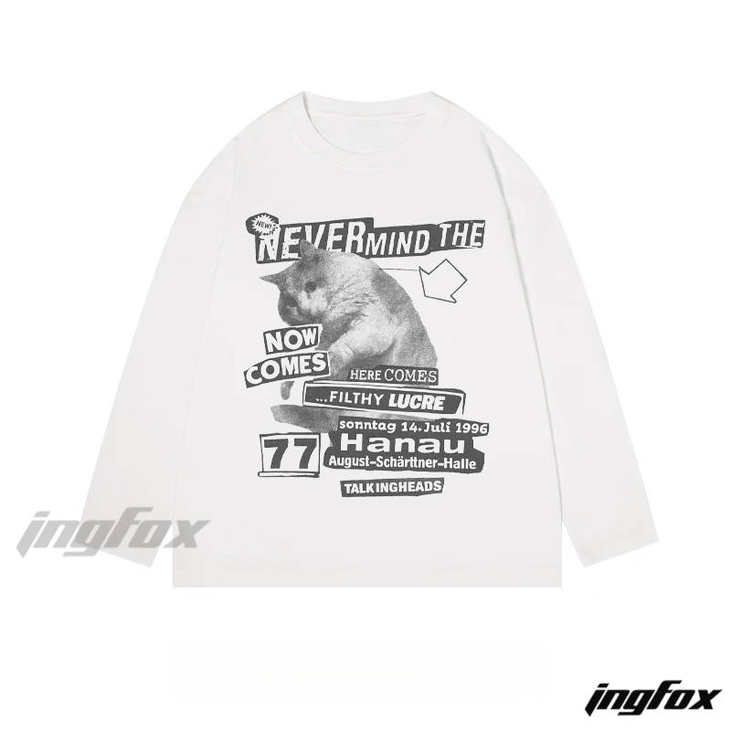 Cat and Text Collage Graphic - Classic Cotton Long Sleeve Tee