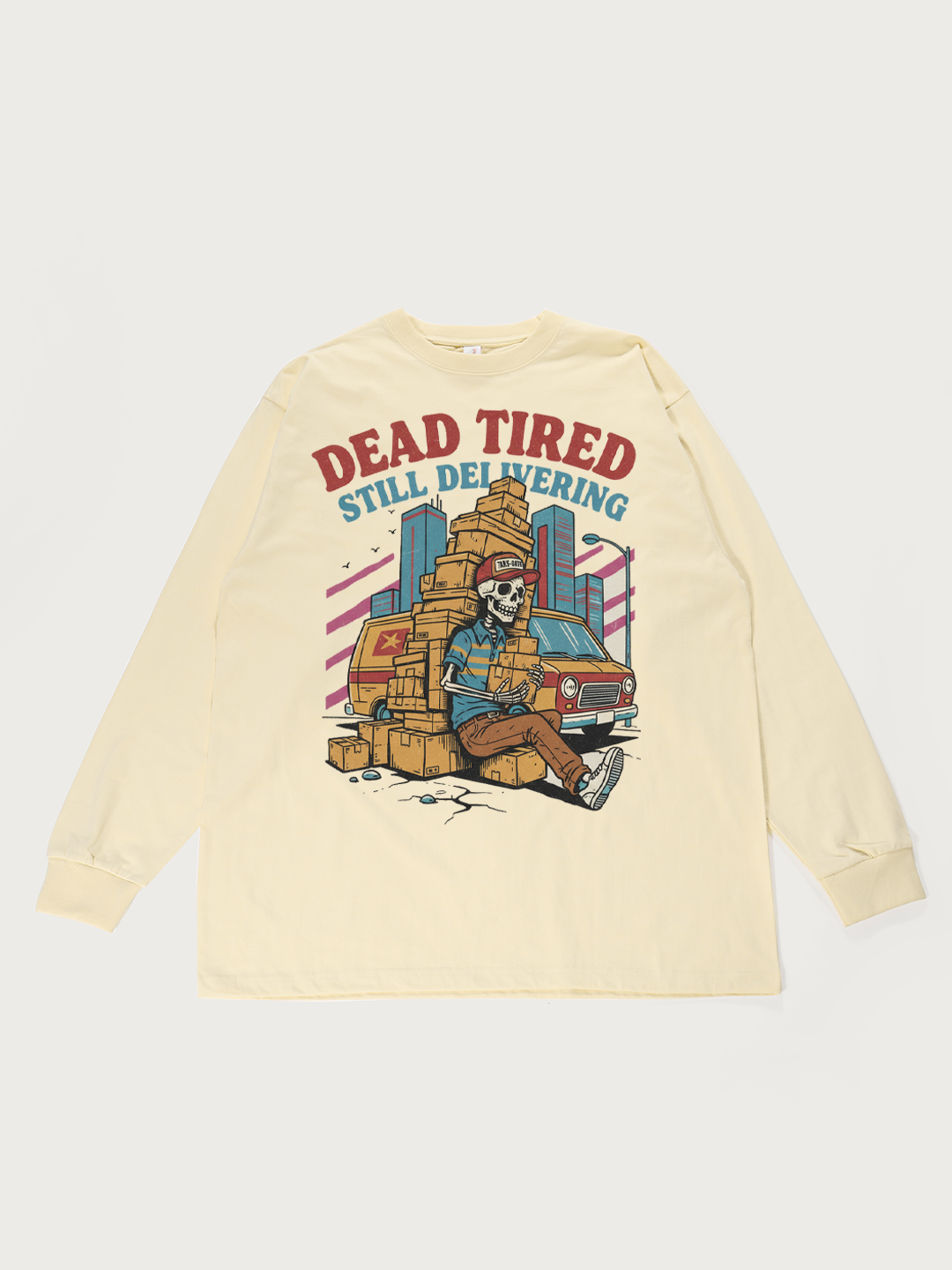 Dead Tired Still Delivering Skeleton - Unisex Retro Cotton Long Sleeve T-Shirt