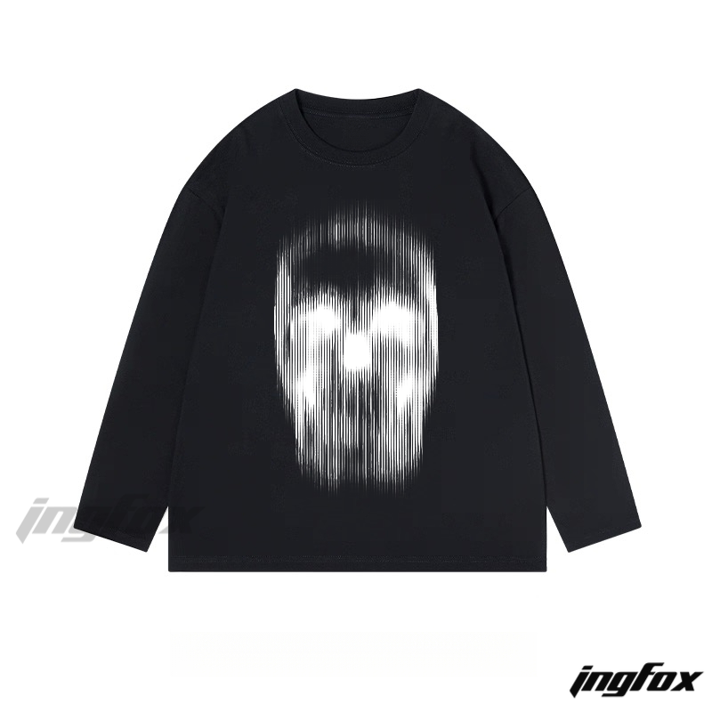 Glitch - Style Skull Graphic - Classic Cotton Long Sleeve Tee