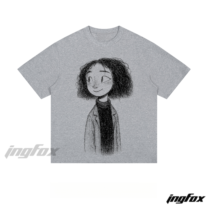 Curly - Haired Girl Sketch - Loose Fit Short Sleeve T - Shirt