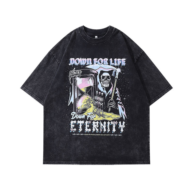 Grim Reaper "Down For Life" Graphic - Vintage Washed Oversized T - Shirt