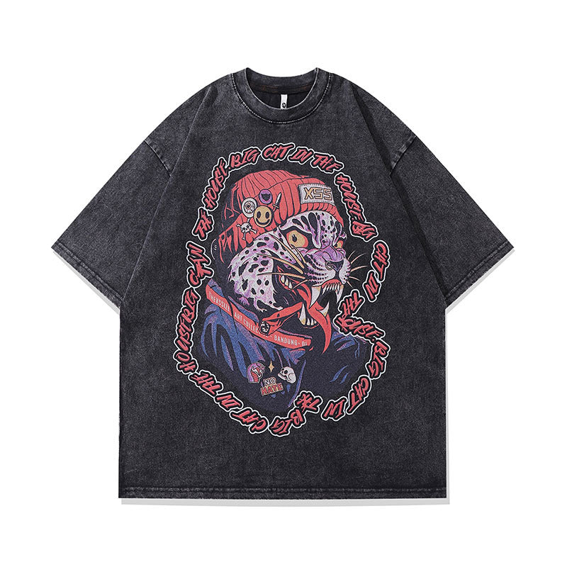 "Leopard King" Graphic Tee - Vintage Washed Oversized T - Shirt