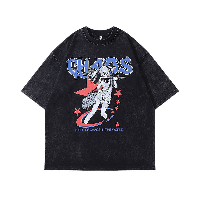 Chaos Anime Girl - Vintage Washed Oversized T - Shirt